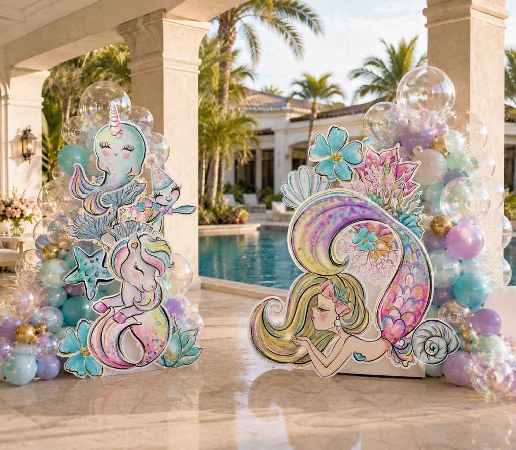 Tropical mermaid birthday backdrop with pastel ocean cutouts, palm tree details and colorful under the sea party decorations.