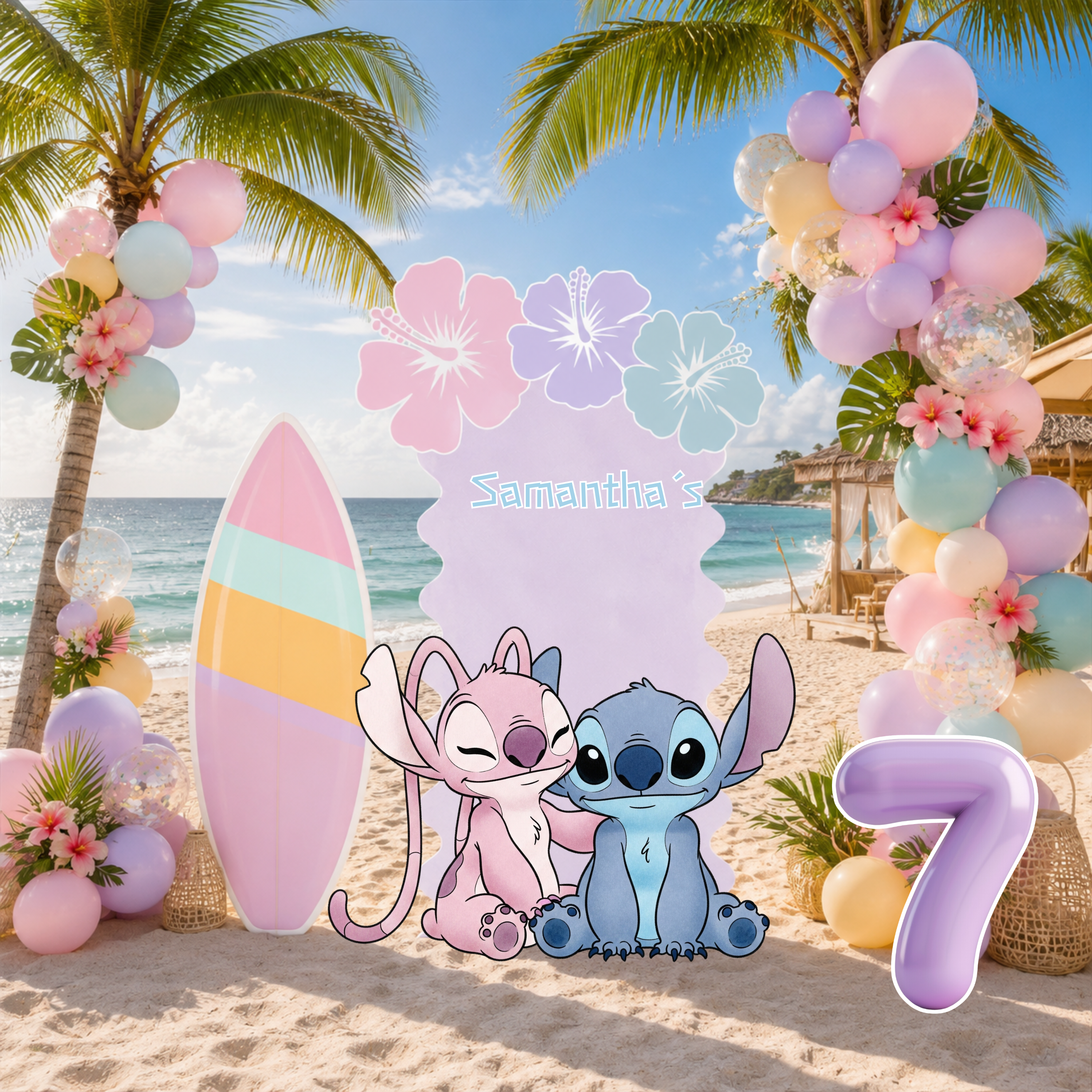 Pastel Blue Alien Beach Birthday Backdrop & Cutouts | Personalized Tropical Kids Party Decorations