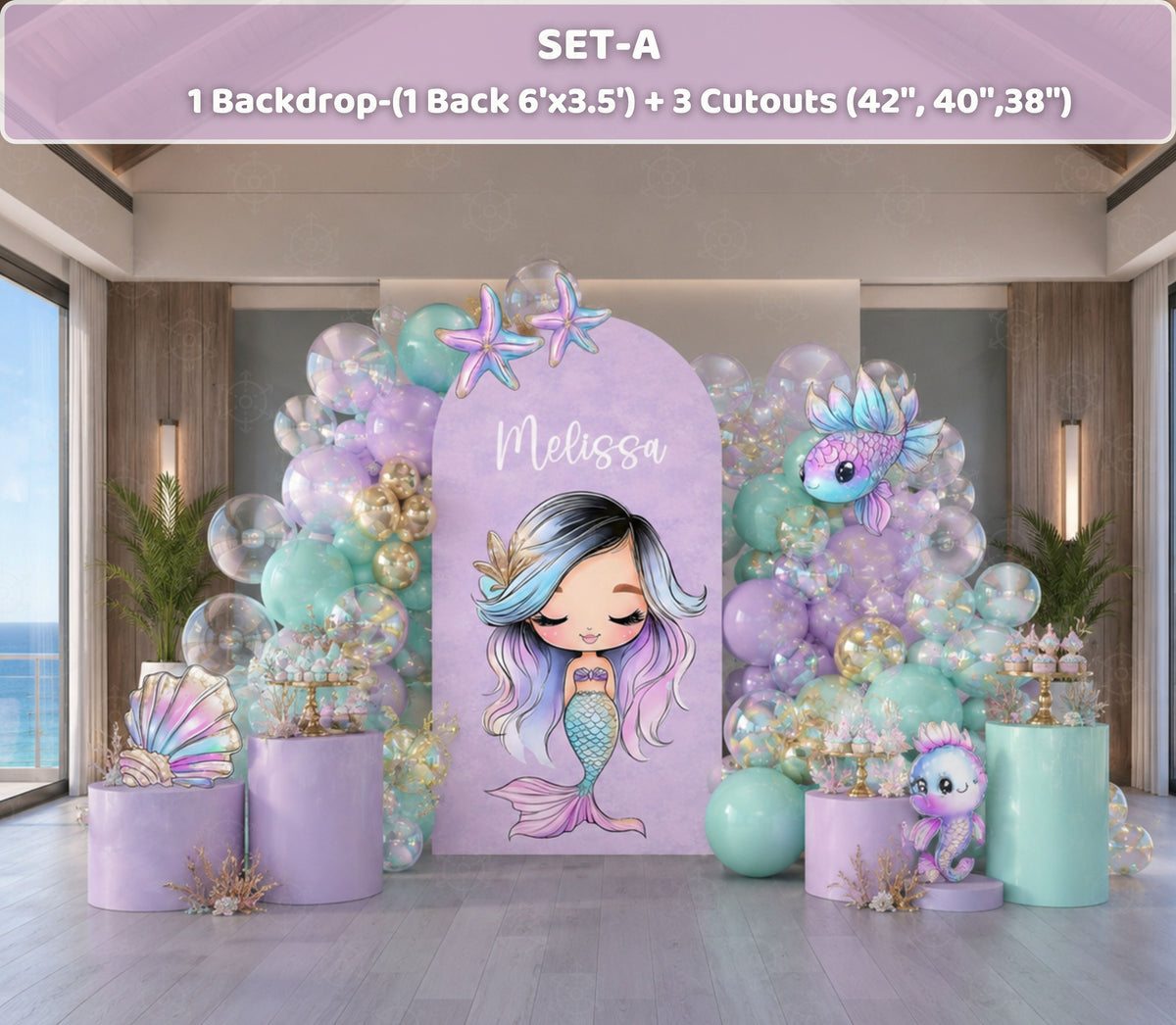 Personalized ocean princess backdrop and mermaid cutouts styled for an indoor girls birthday party