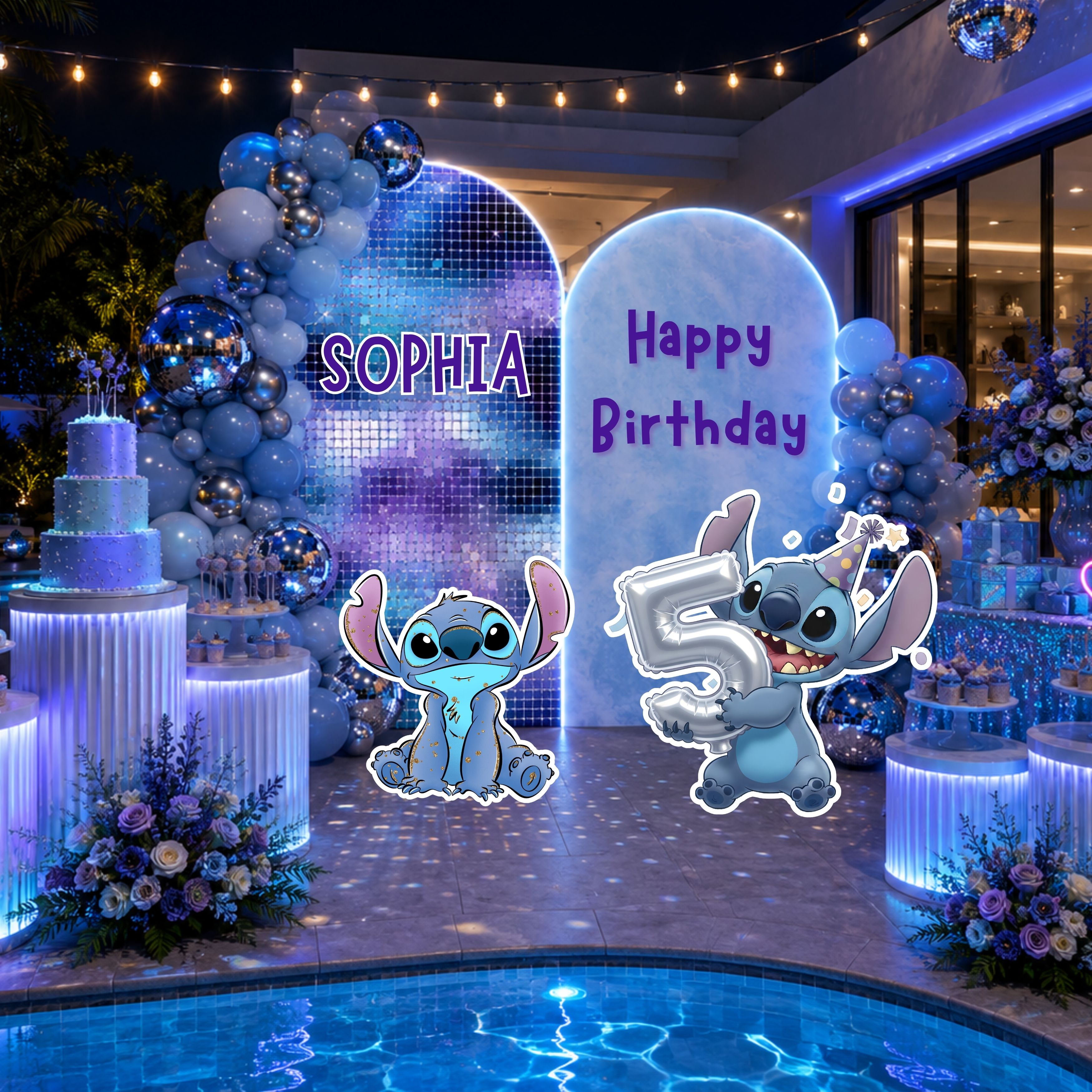 Outdoor blue alien birthday decorations with tropical backdrop panels, purple lighting, character cutouts and personalized birthday signage.