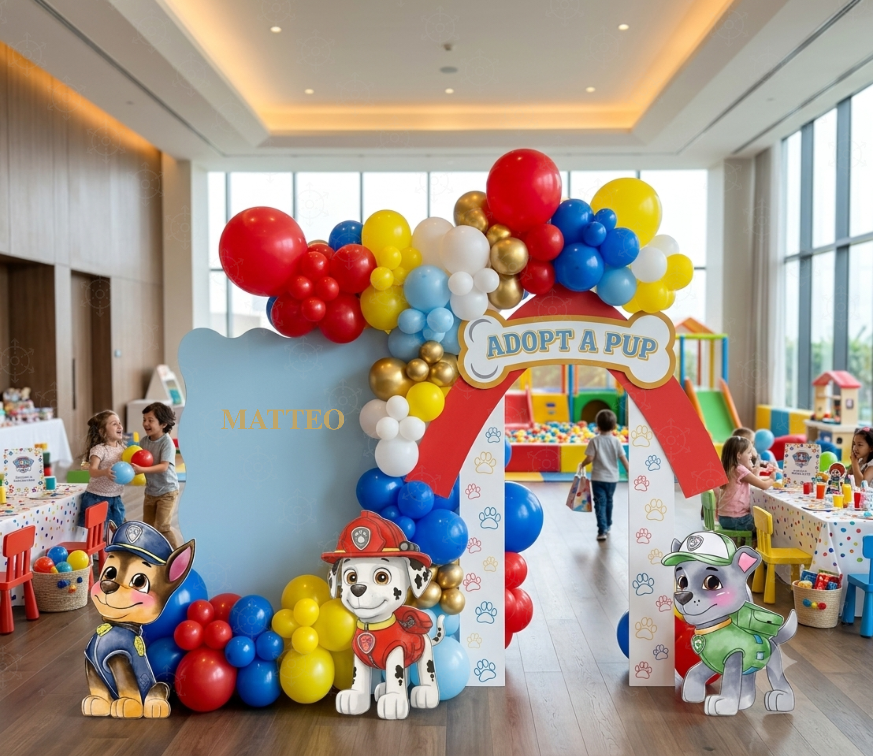 Puppy patrol inspired birthday backdrop with red blue and yellow balloon decorations
