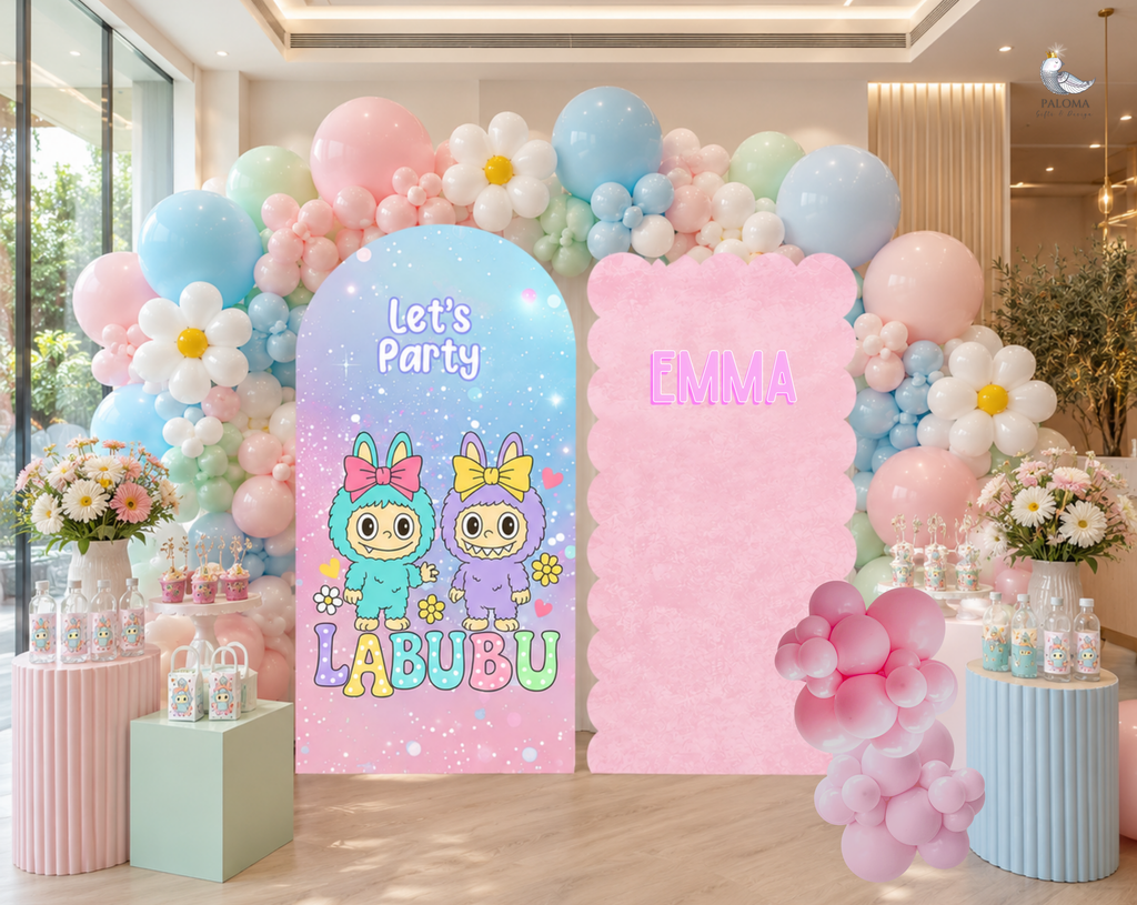Pastel birthday backdrop with cute monsters, soft balloon garland and layered arch panels for a whimsical personalized celebration.