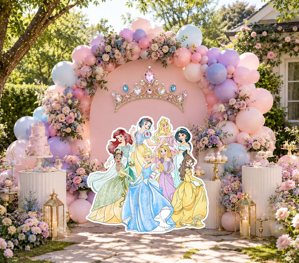Indoor princess party backdrop with blush pink arch panel, balloon garlands and princess cutouts for a soft pastel birthday celebration.