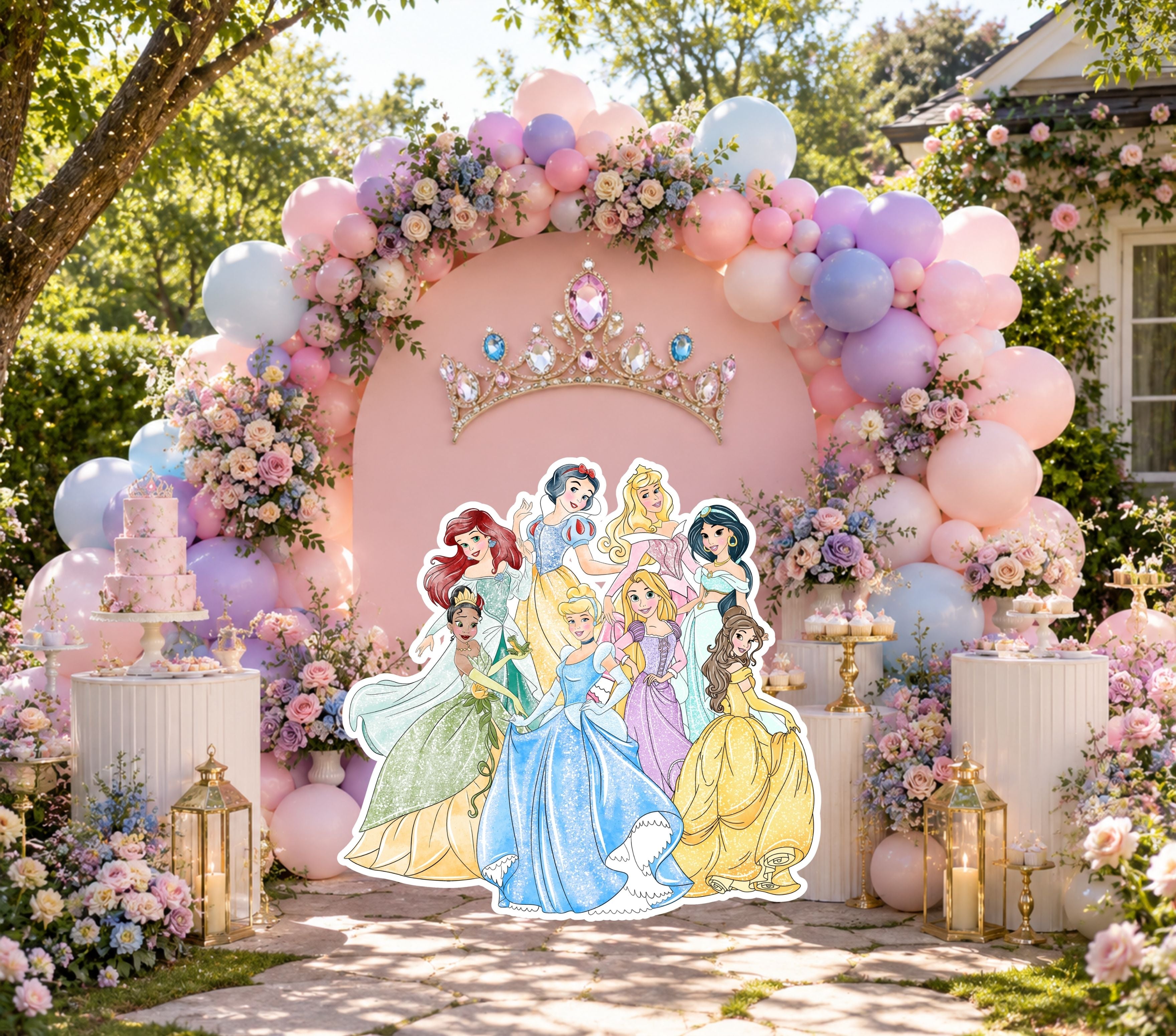 Indoor princess party backdrop with blush pink arch panel, balloon garlands and princess cutouts for a soft pastel birthday celebration.