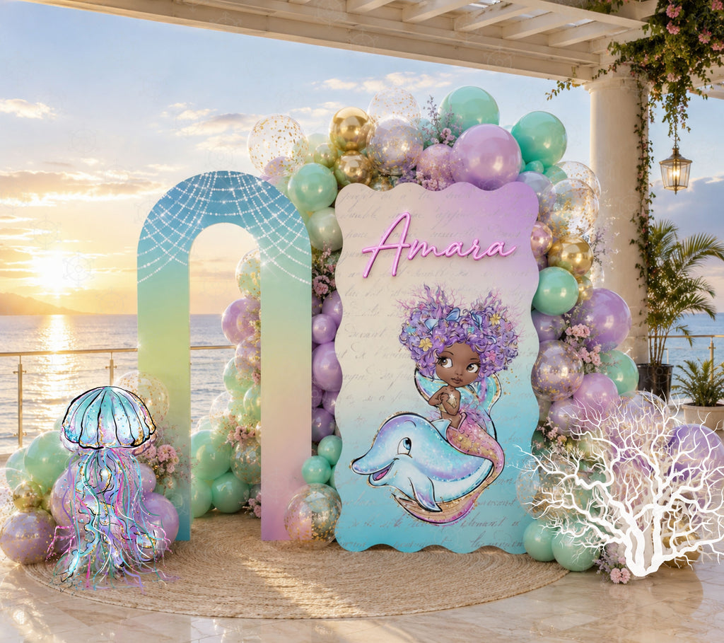 Little mermaid birthday backdrop with pink personalized panel and character cutout in pastel party setting