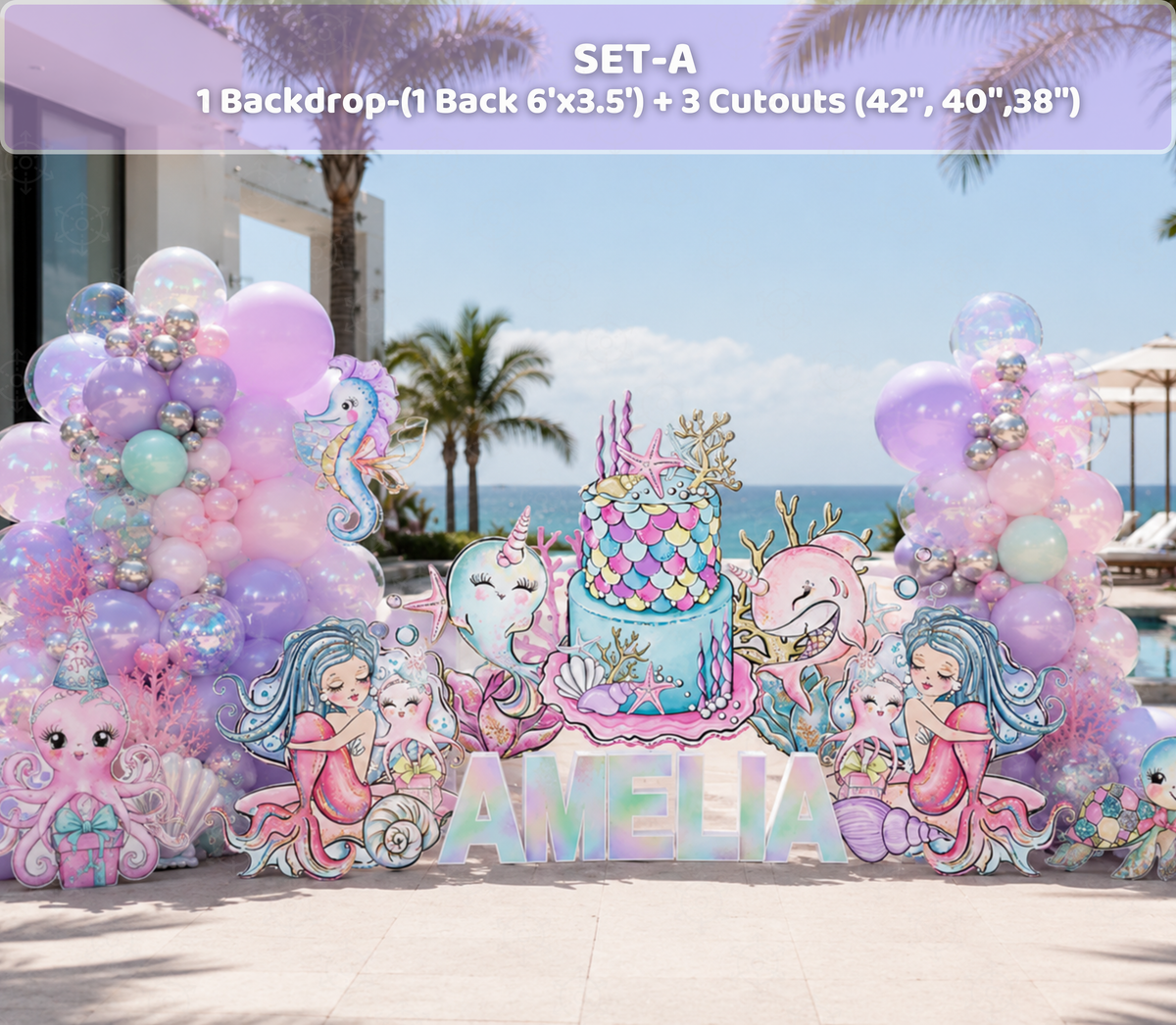 Pastel mermaid birthday setup with lavender arch backdrop, colorful sea life cutouts and soft under the sea party decorations.
