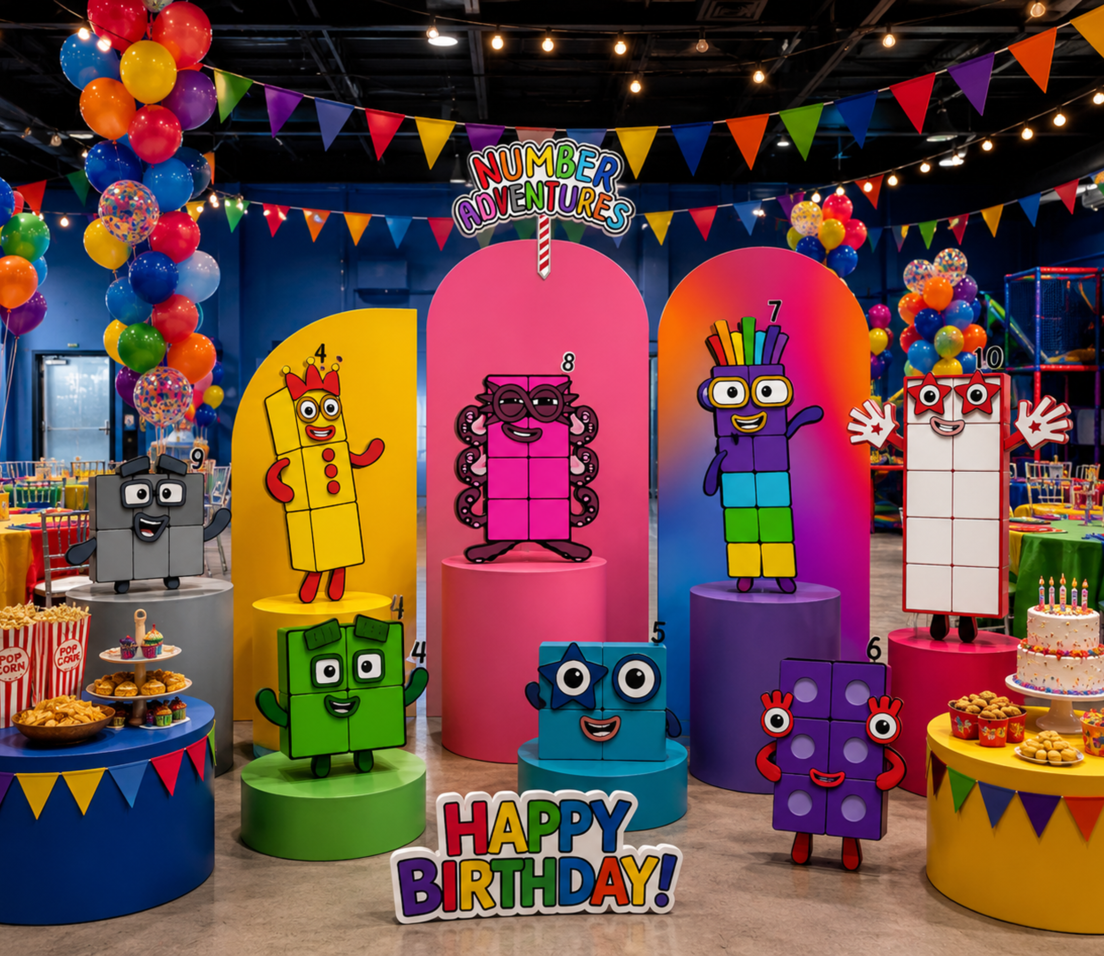 Colorful Numberblocks birthday backdrop with tall character panels, rainbow balloons and personalized kids party decorations.
