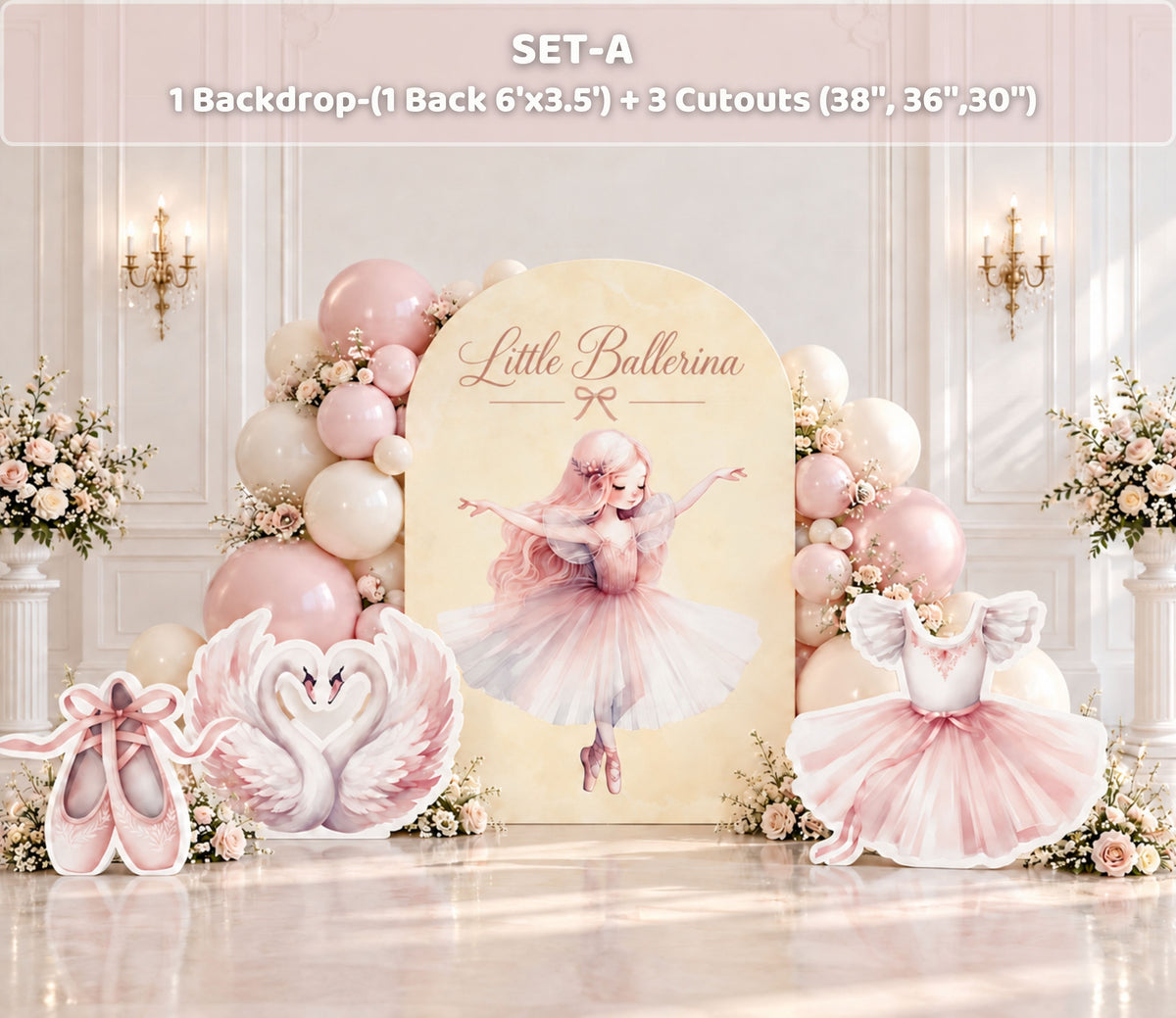 Personalized pink ballet birthday backdrop with soft florals, layered panels and graceful ballerina party decorations.