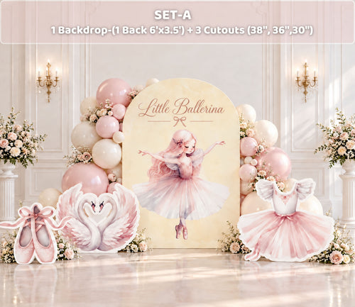 Personalized pink ballet birthday backdrop with soft florals, layered panels and graceful ballerina party decorations.