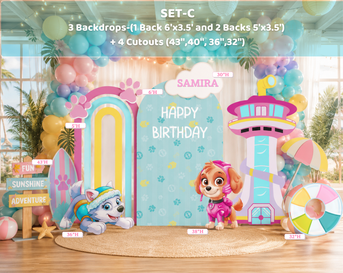 Pastel puppy pool party backdrop with blue pink and yellow arch panels, rainbow details and personalized outdoor birthday decorations.
