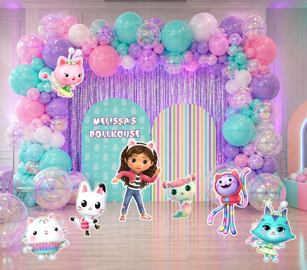 Dollhouse Birthday Backdrop & Character Cutouts | Personalized Kids Party Decorations