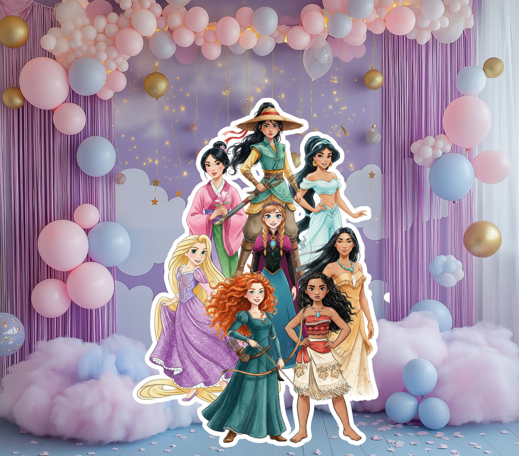 Princess character cutout set displayed against a lavender party backdrop with pastel balloons for a fairytale birthday celebration.