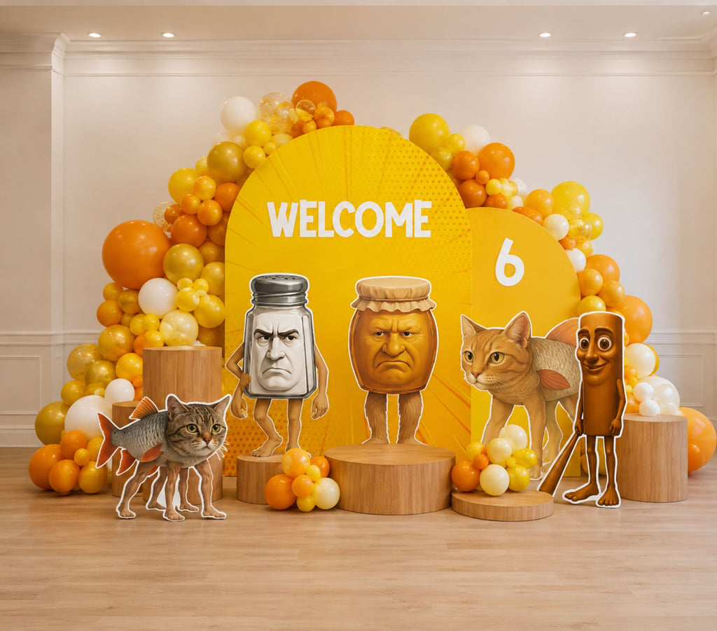 Yellow Italian Brainrot birthday backdrop with orange and yellow balloon clusters, personalized welcome sign and funny character cutouts.