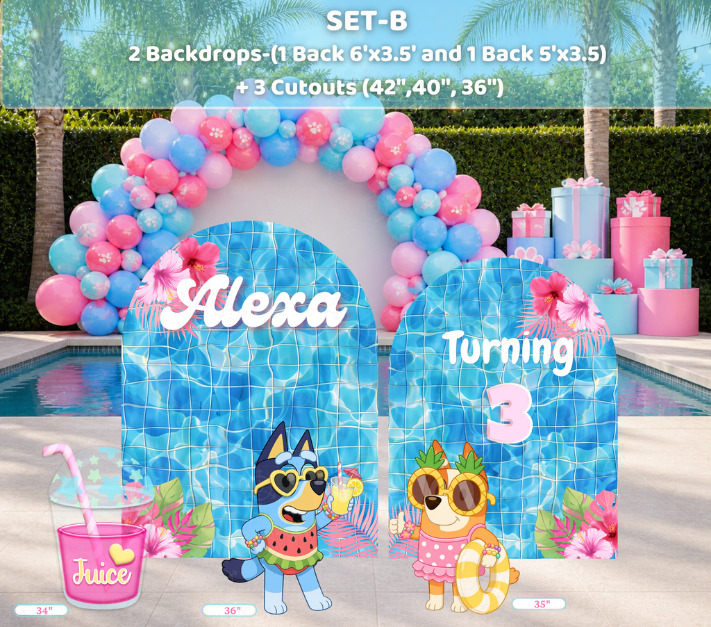Personalized Blue Puppy Pool Party Backdrop & Cutouts | Summer Birthday Party Decorations