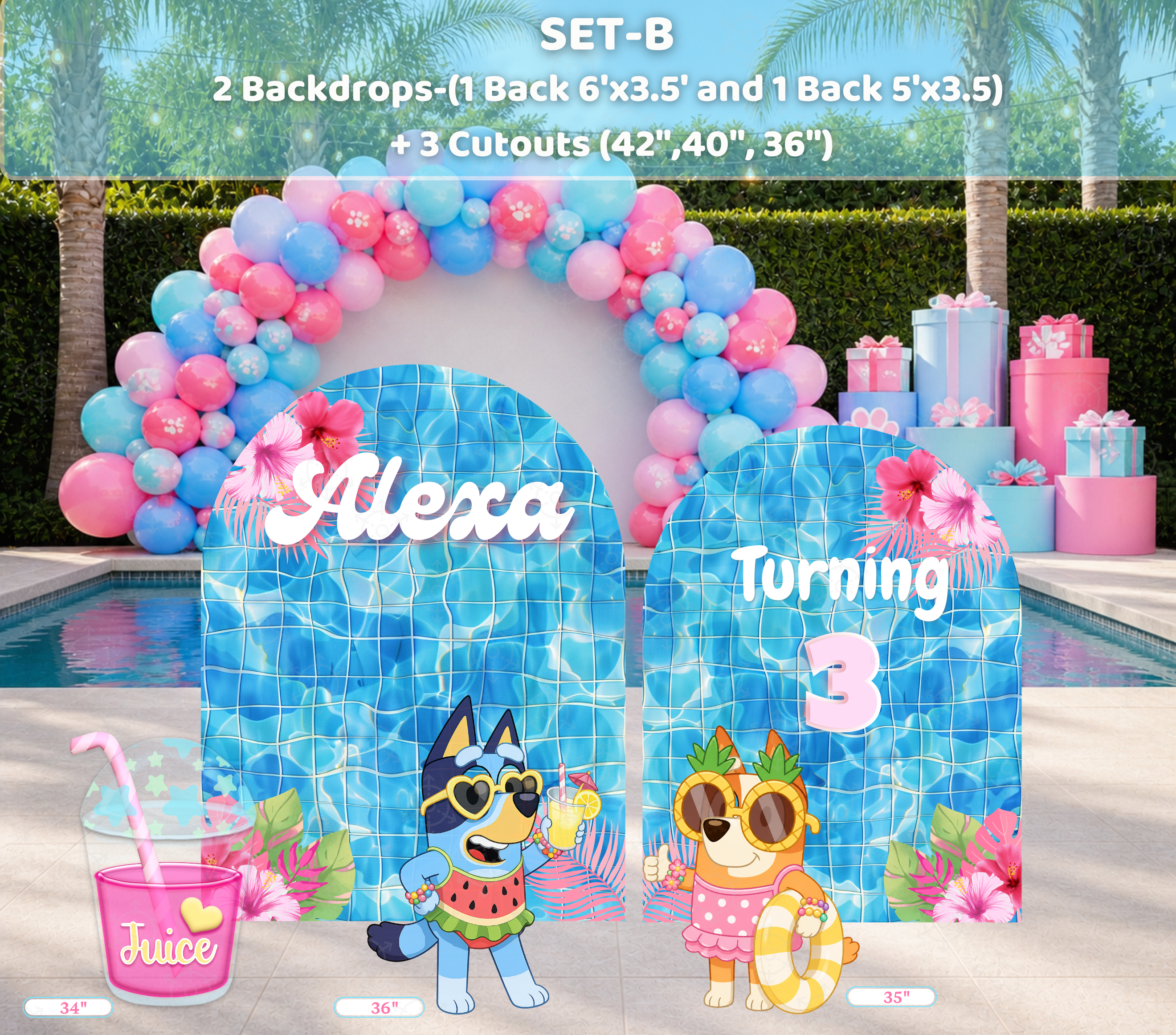 Personalized Blue Puppy Pool Party Backdrop & Cutouts | Summer Birthday Party Decorations