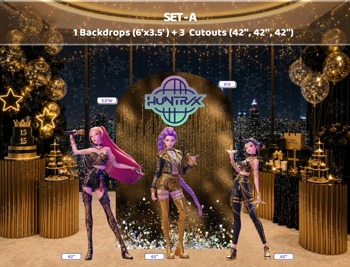 Teen concert birthday party setup with black and purple backdrop panels, stage lighting and large music themed character cutouts.
