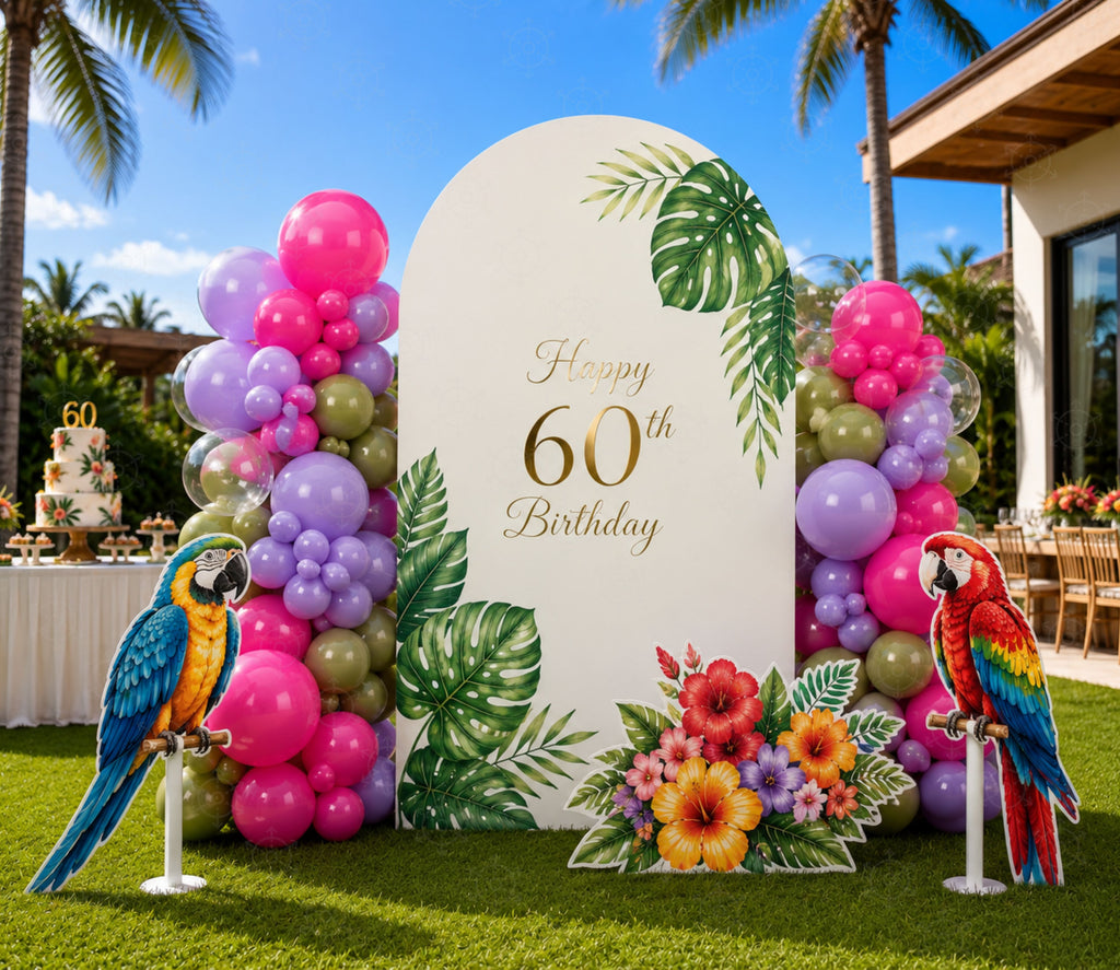 White tropical bird birthday backdrop with colorful parrots, flowers and vibrant balloon decorations