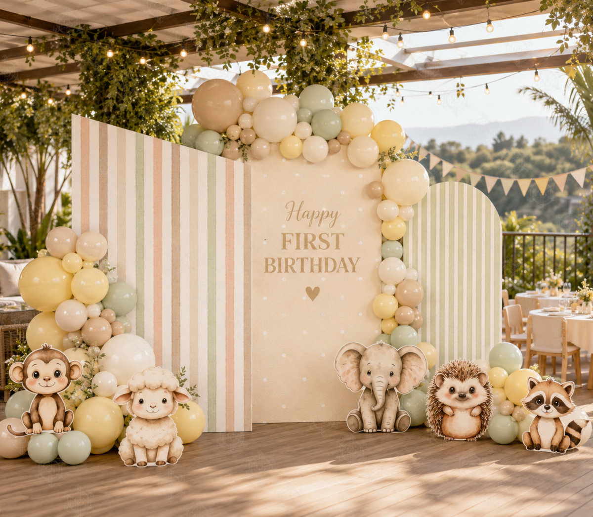 Neutral woodland animal party backdrop with soft beige panels, balloons and little animal cutouts