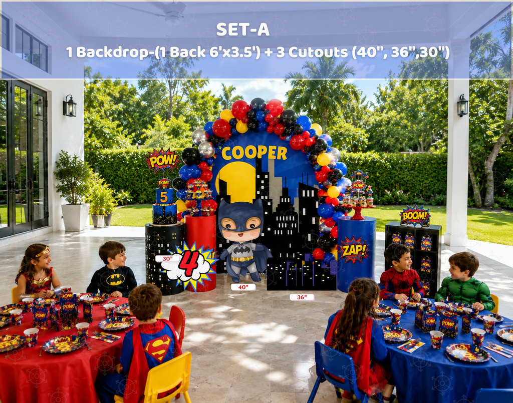 Superhero First Birthday Backdrop & Cutouts | Personalized Comic City Party Decorations