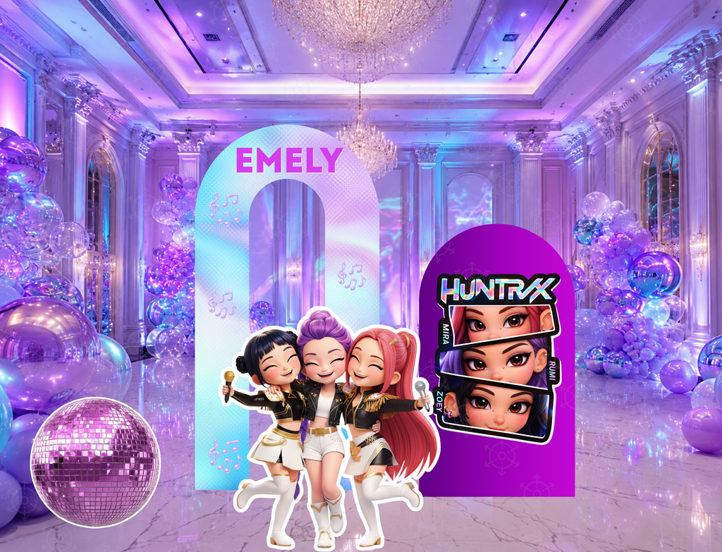 Purple concert themed birthday backdrop with chibi idol cutouts, stage entrance design and personalized teen party decorations.