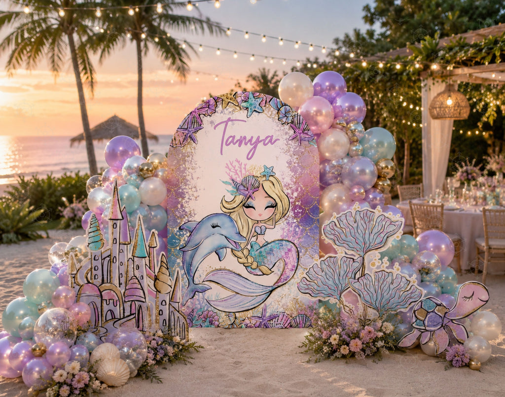 Outdoor under the sea birthday setup with pastel mermaid backdrop, balloon garland and tropical ocean inspired party decorations.