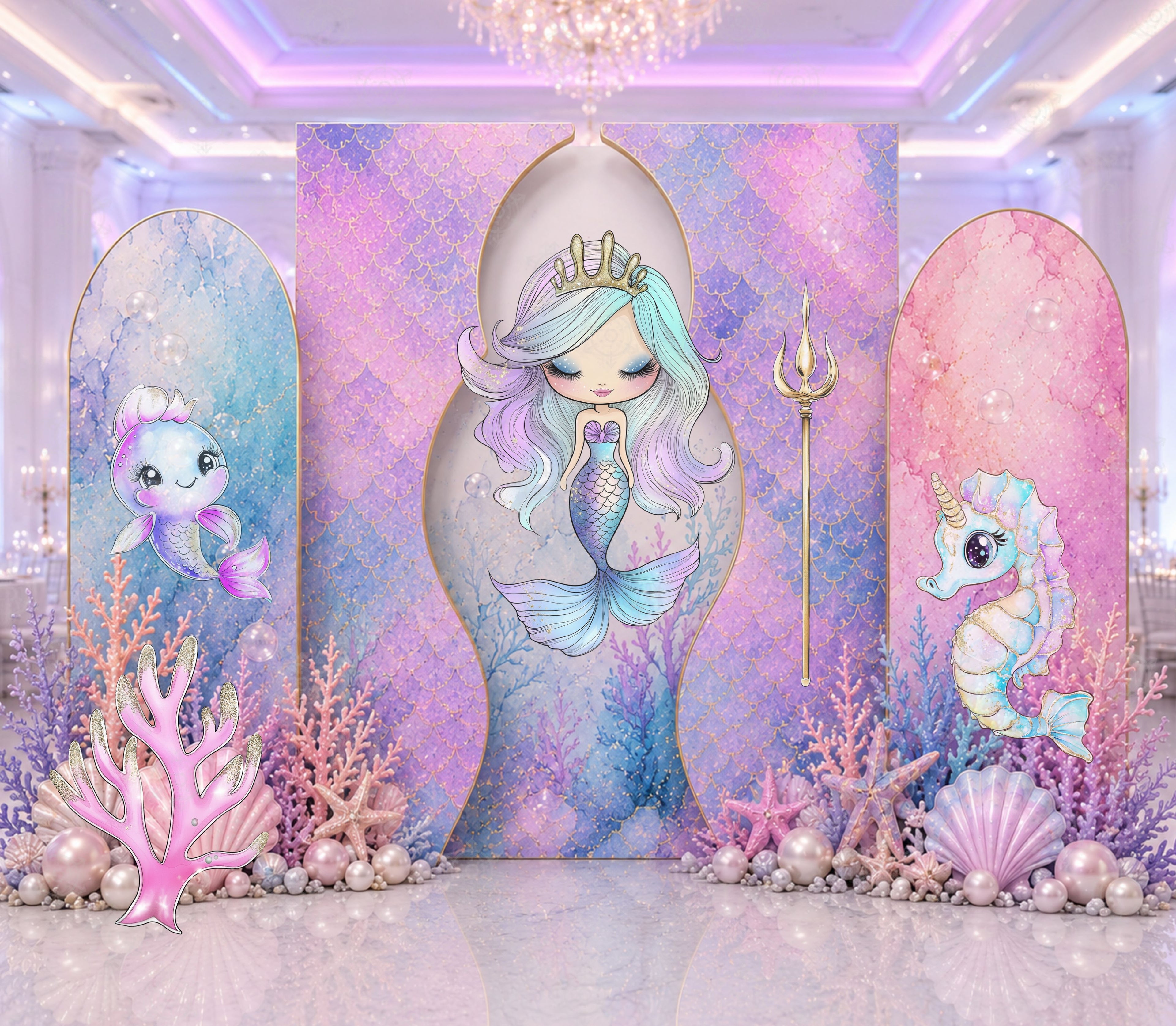 Pastel mermaid birthday backdrop with ocean princess cutouts styled for a girls indoor party