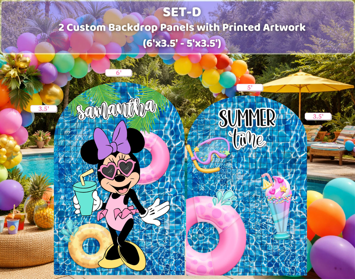Outdoor Minnie Mouse pool party backdrop with blue tropical foliage, colorful balloons and inflatable summer floats for a kids birthday.