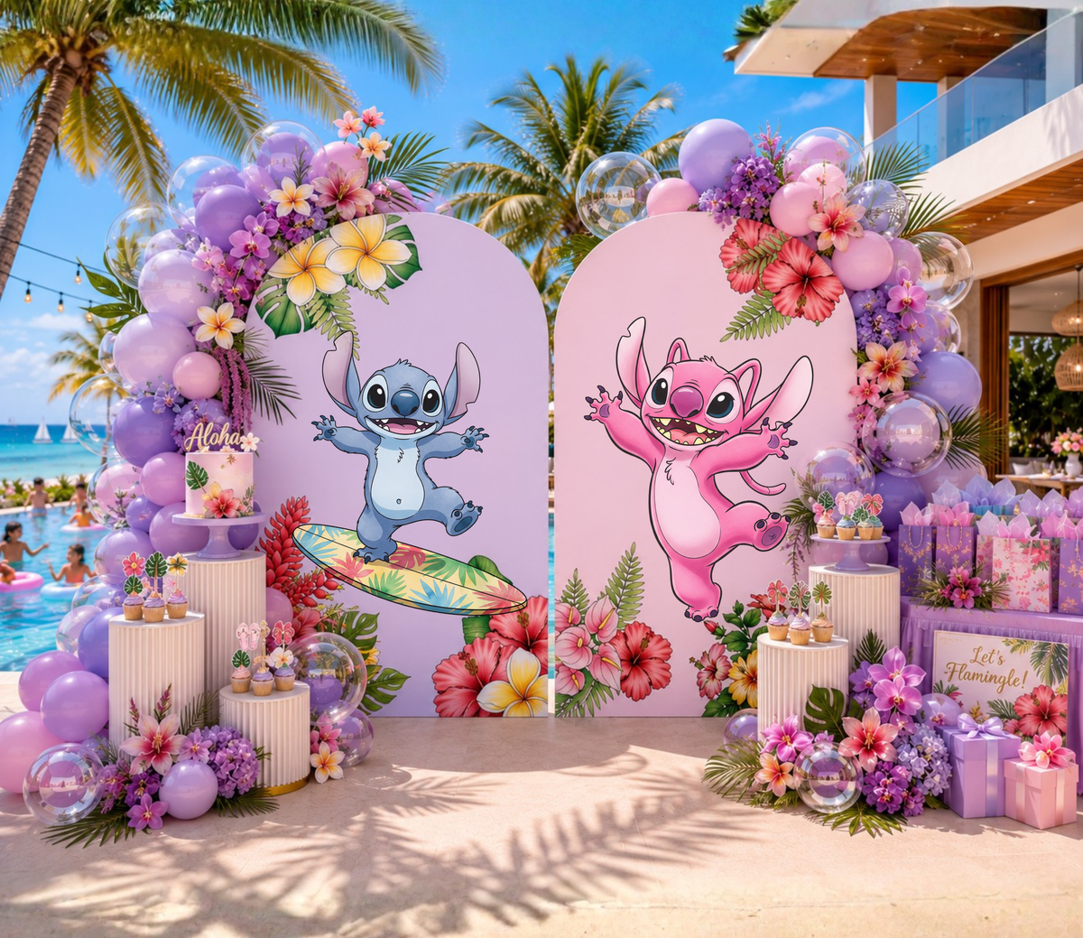Hawaiian birthday party backdrop with pink and purple tropical flowers, palm details and colorful character cutouts for an island themed event.