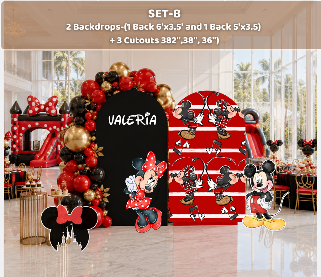 Personalized classic mouse birthday backdrop with black and red panels, striped details and matching character cutouts