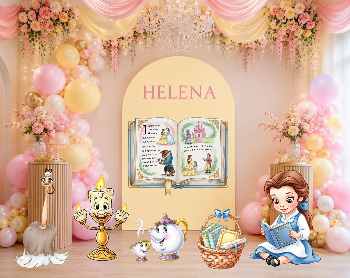 Princess fairytale birthday backdrop with pastel balloons, floral accents, and coordinating character cutouts for a custom celebration.
