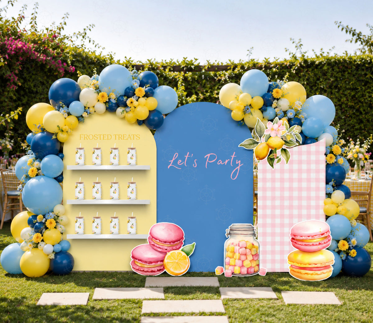 Blue pink and yellow lemon party backdrop set with coordinating citrus birthday decorations
