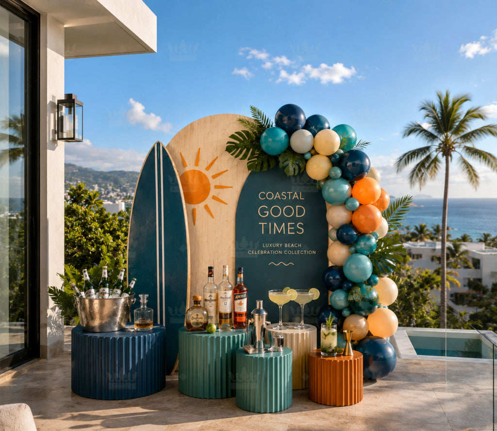 Dark green personalized birthday backdrop with tropical sun design and elegant poolside party decor