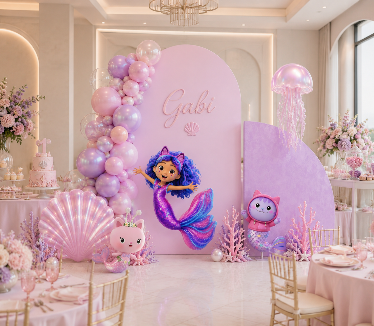 Pastel pink Gabby's Dollhouse mermaid backdrop with character cutouts for a girls birthday party