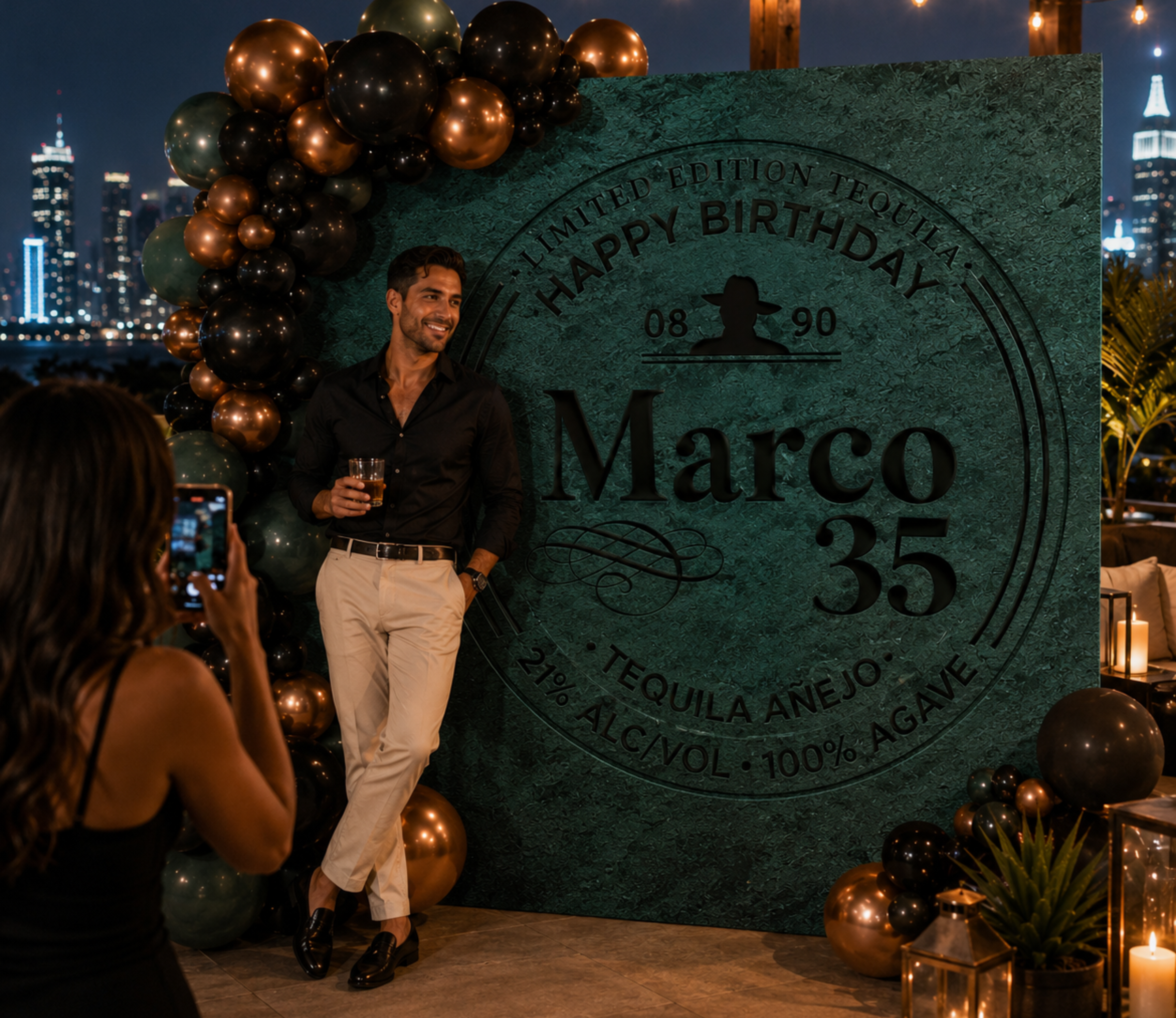 Teal personalized tequila birthday sign with custom name, agave graphics and rustic western inspired party decorations.