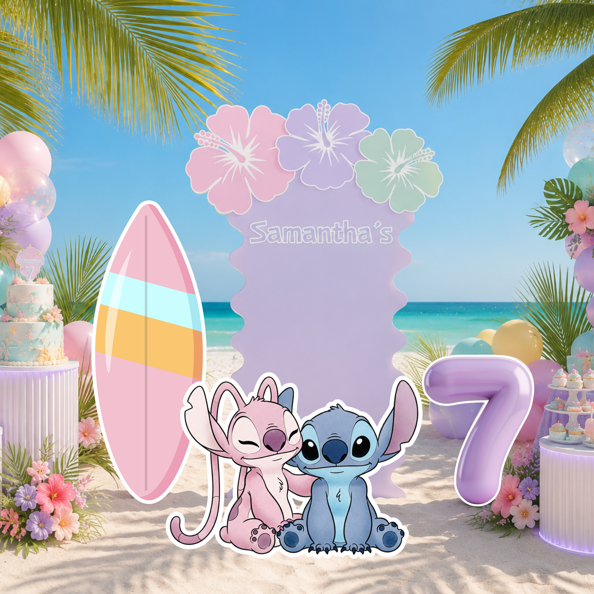 Pastel Blue Alien Beach Birthday Backdrop & Cutouts | Personalized Tropical Kids Party Decorations