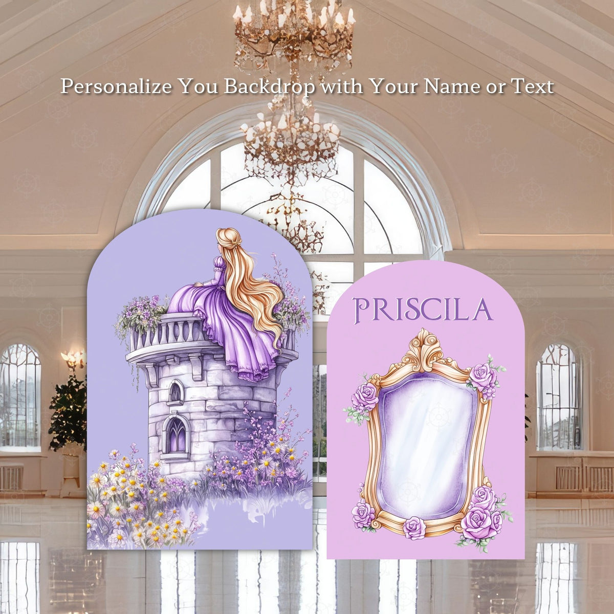 Fairytale princess welcome sign and mirror cutout display with pastel florals and long hair princess design for birthday party decor.
