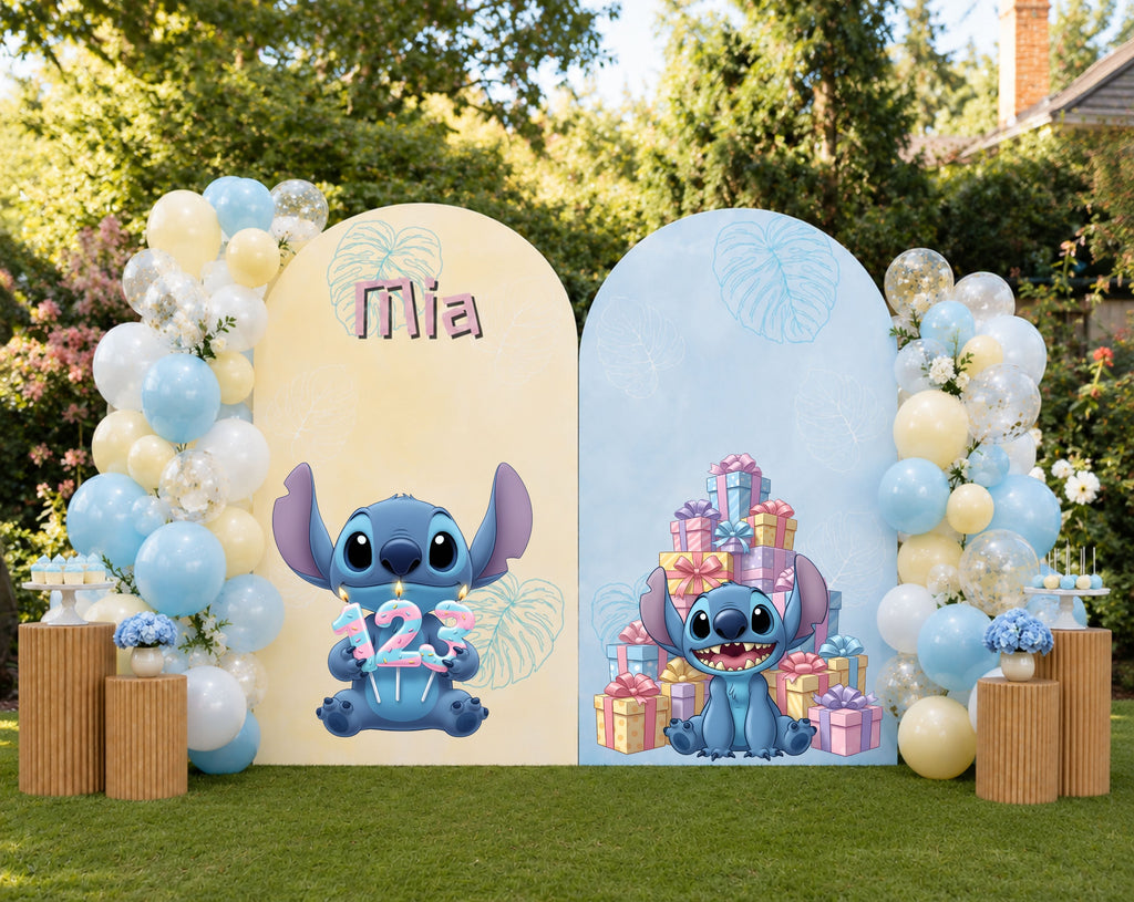 Outdoor blue alien birthday backdrop with pastel blue and peach panels, balloon clusters and character cutouts for a cheerful party setup.