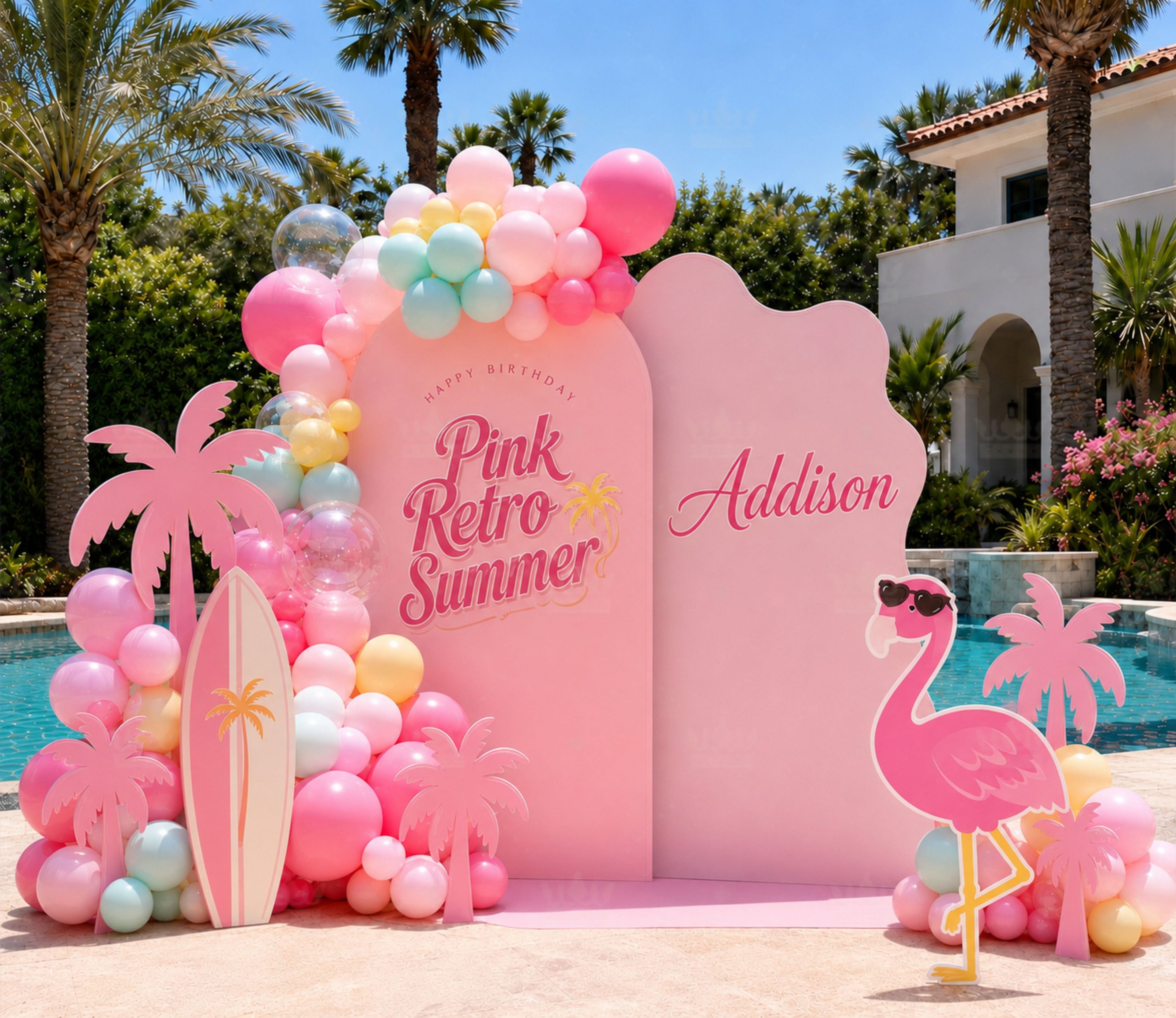 Pink summer birthday backdrop set with tropical palm tree cutouts and poolside party decor