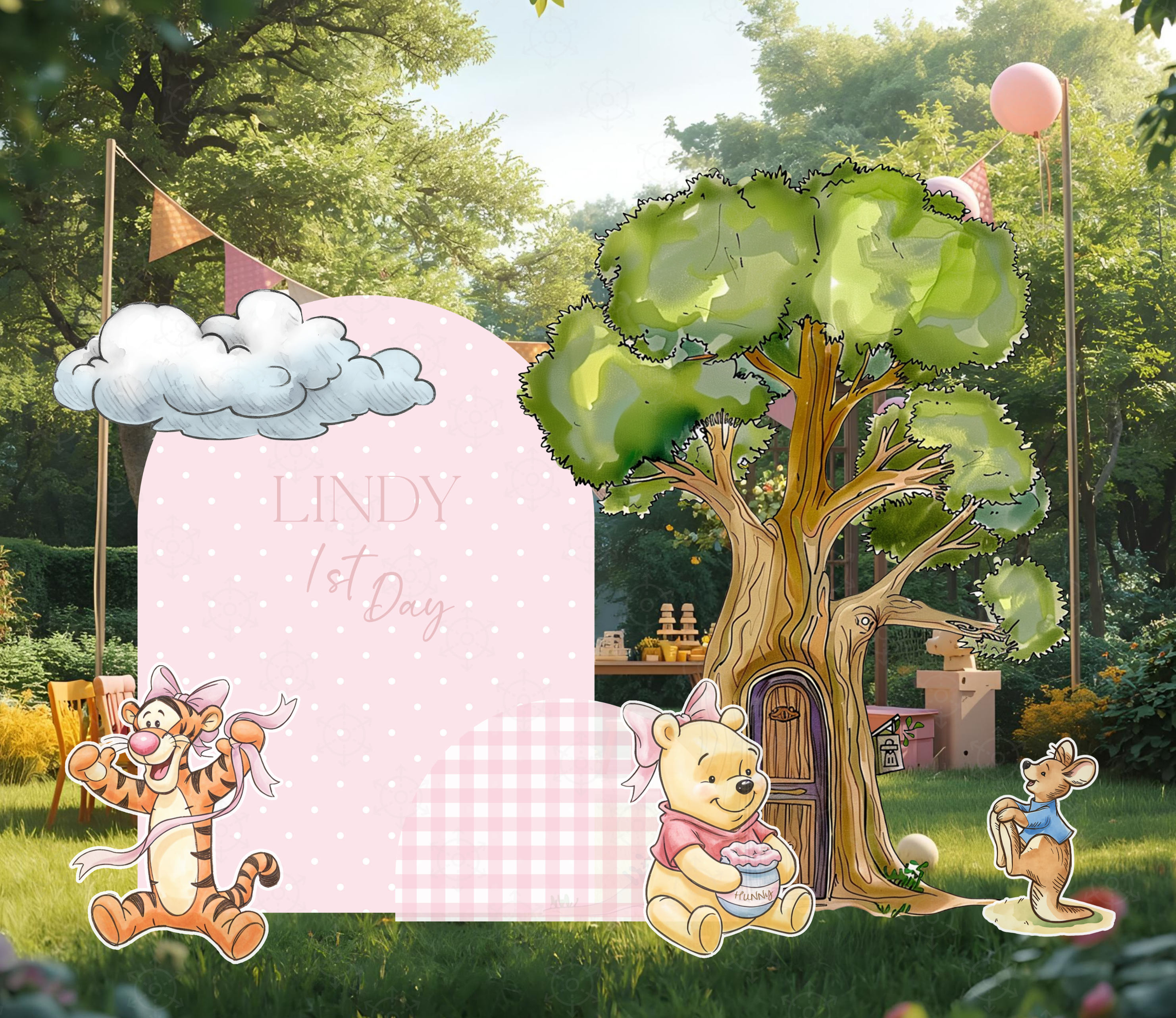 Honey Bear outdoor party backdrop and cutouts styled in soft pastel colors for a baby shower or first birthday.