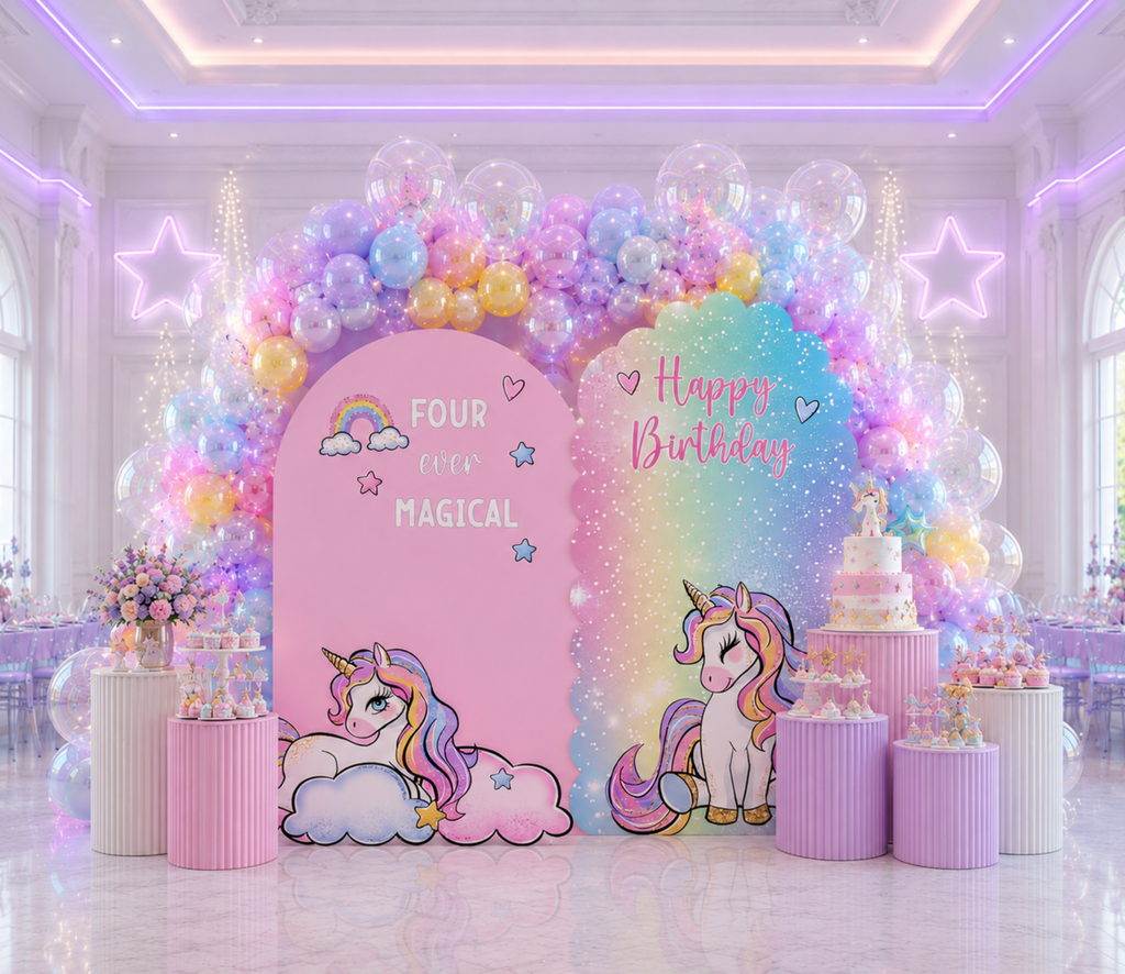 Lavender and pink unicorn birthday backdrop with layered pastel arches, balloon decorations and whimsical unicorn cutouts.
