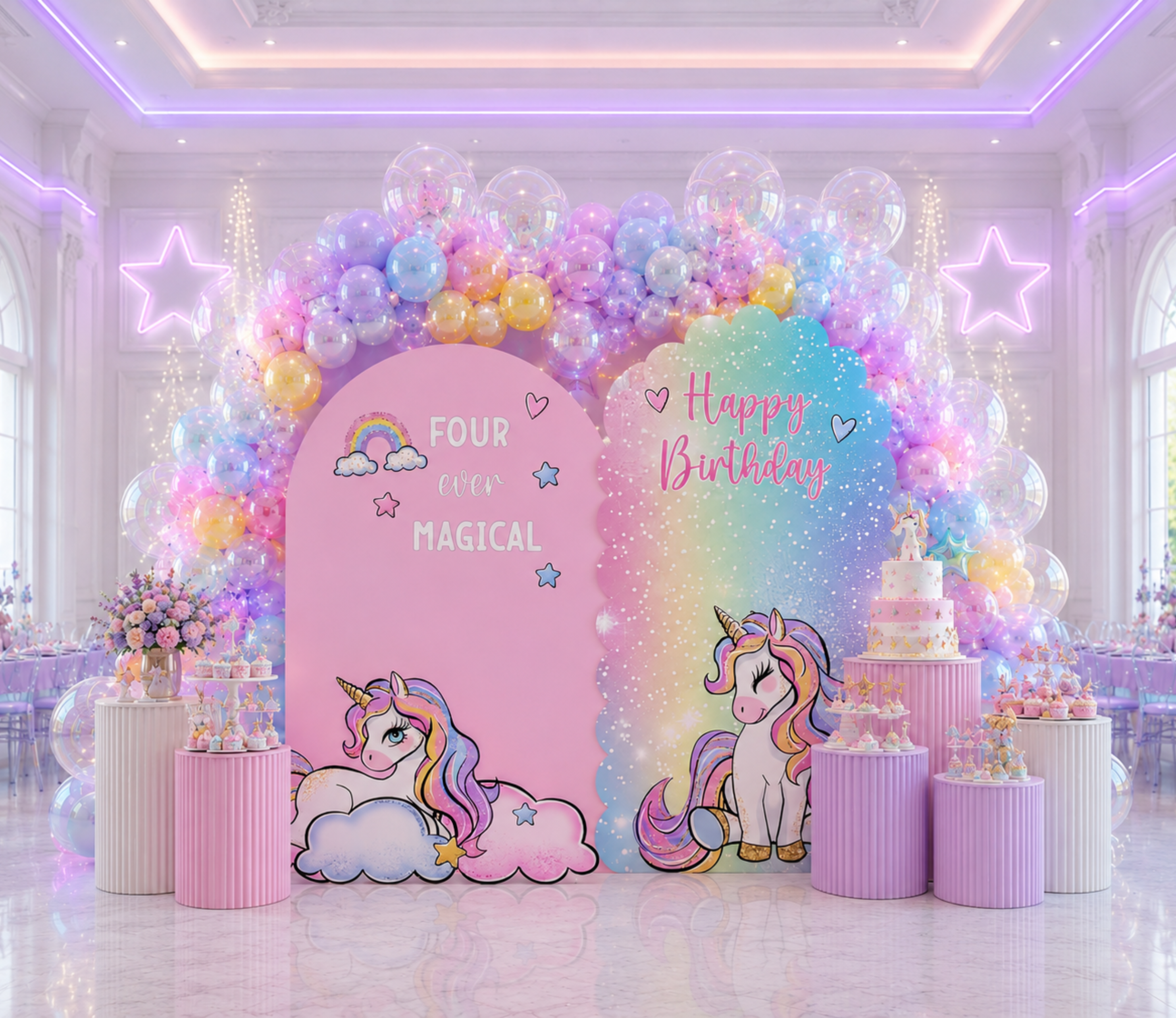 Lavender and pink unicorn birthday backdrop with layered pastel arches, balloon decorations and whimsical unicorn cutouts.