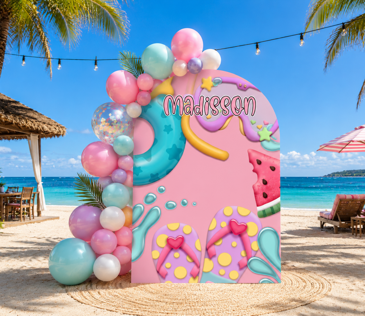 Pastel pool party backdrop with aqua and pink arch panels, colorful balloon accents and personalized summer birthday decor.