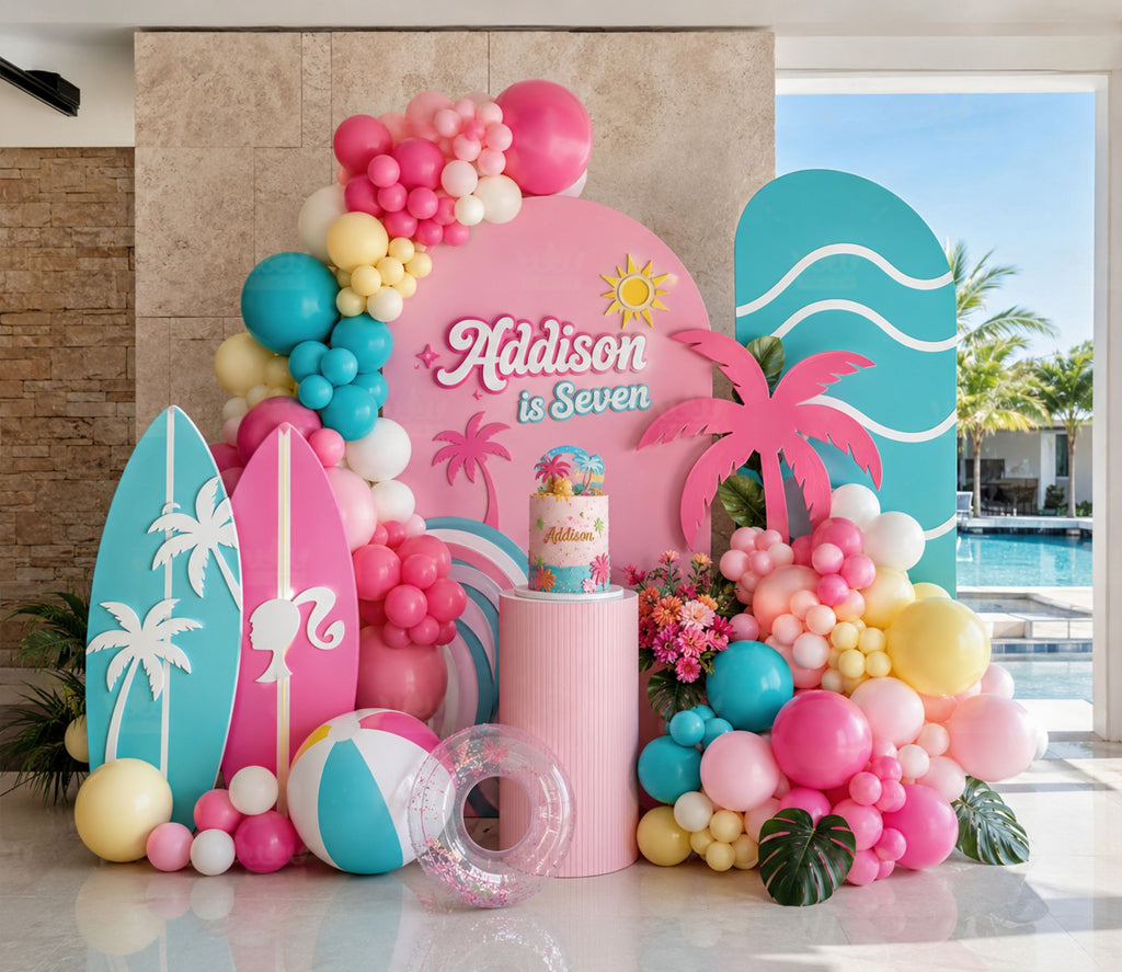Pink tropical pool party decorations with personalized backdrop balloons and summer birthday cutouts