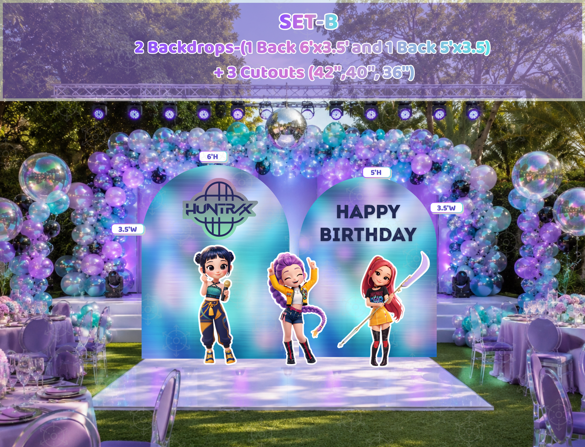 Outdoor chibi concert birthday party setup with pastel stage backdrop, balloon garland and personalized performer cutouts.