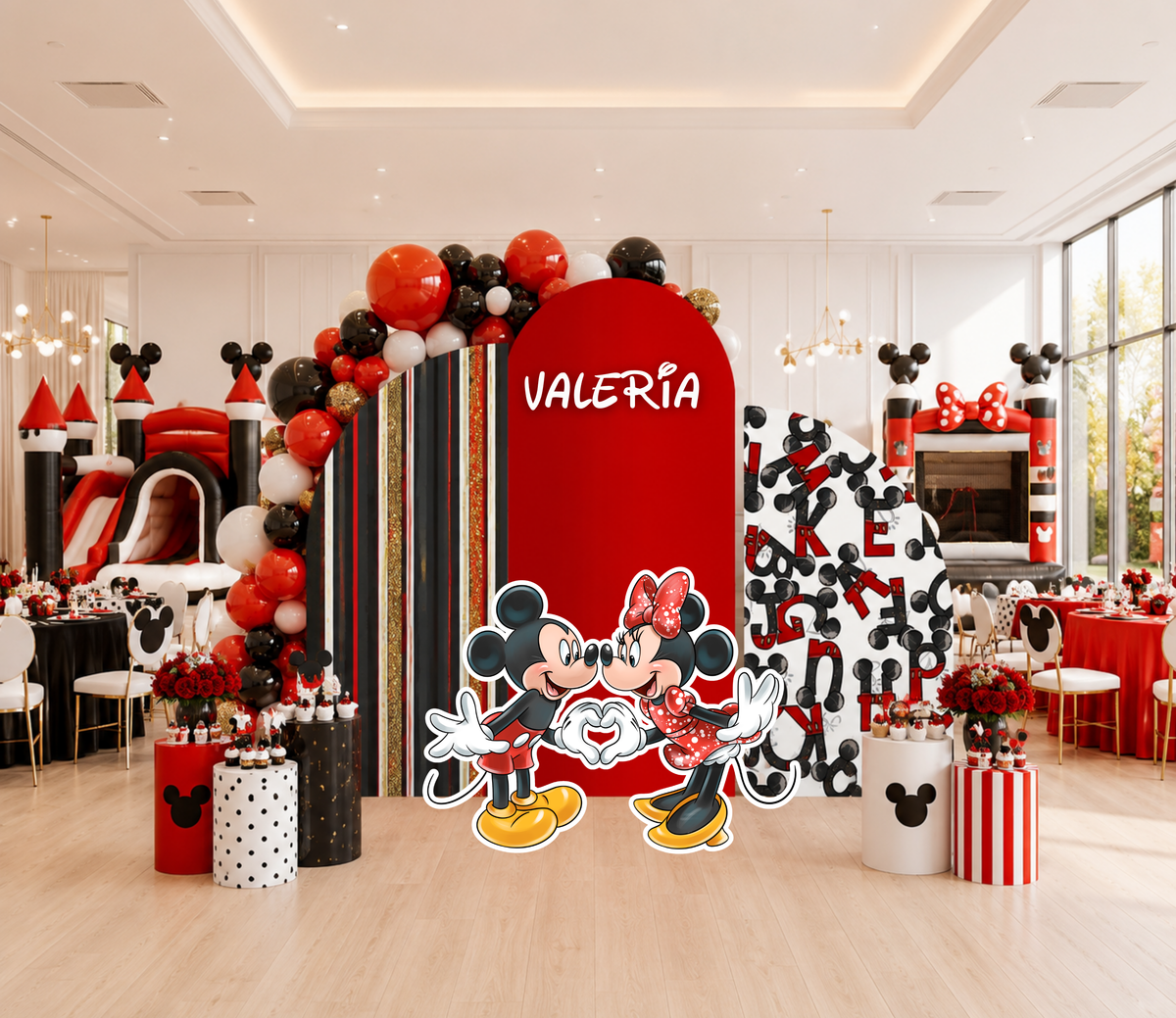 Classic mouse birthday backdrop and cutout set with red black and white panels and coordinated party decorations