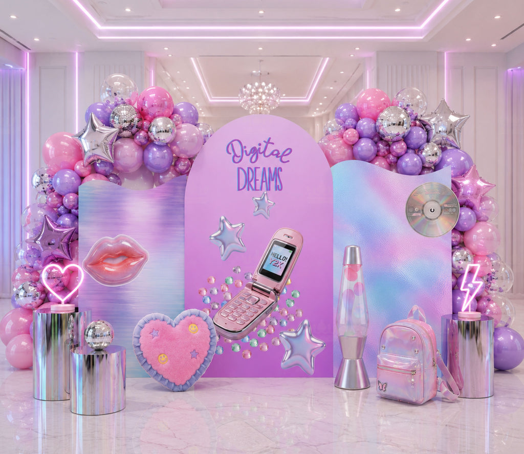 Pink teen girl birthday backdrop with colorful balloon garland, custom name and stylish photo booth decor for a birthday celebration.
