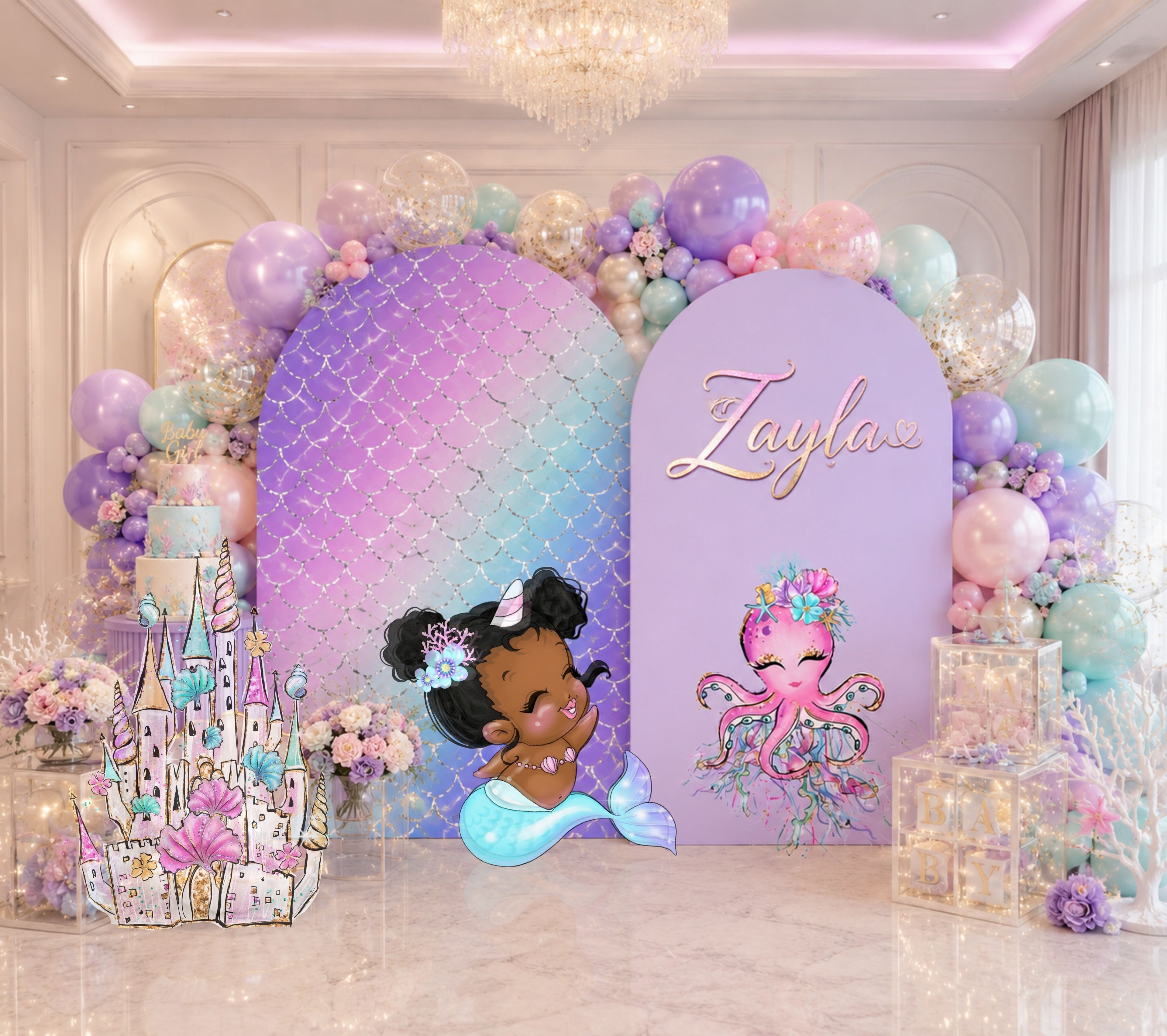 Pink and purple little mermaid birthday backdrop with under the sea character cutout and balloon decor