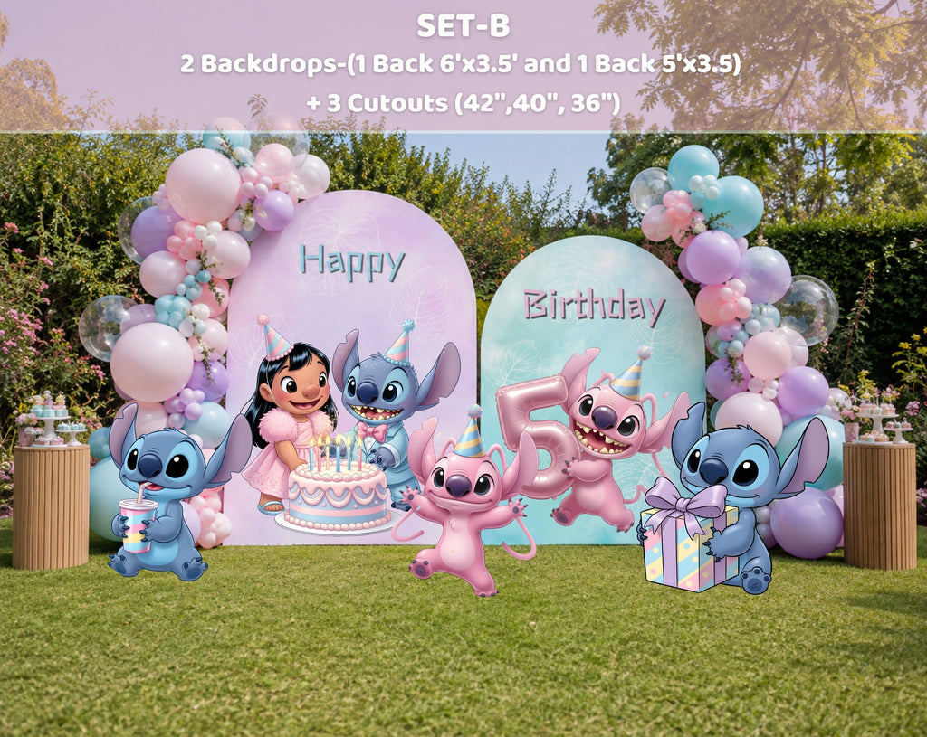 Blue alien birthday setup with pastel pink and blue panels, balloon clusters and multiple character cutouts for a playful kids party.