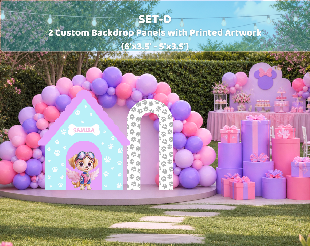 Outdoor puppy birthday setup with pastel doghouse backdrop panels, party favor shelves and colorful summer decorations.