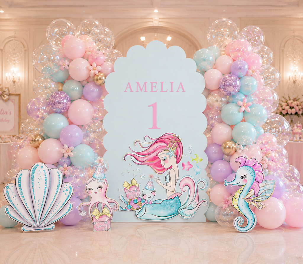 Personalized pink mermaid birthday backdrop with pastel balloons, large seashell cutout and colorful ocean themed party decorations.